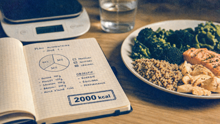 2000 calories par jour : menus équilibrés, carnet et assiette sur table