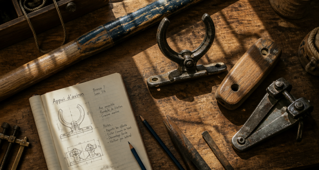 appui d aviron sur plan de travail avec outils nautiques