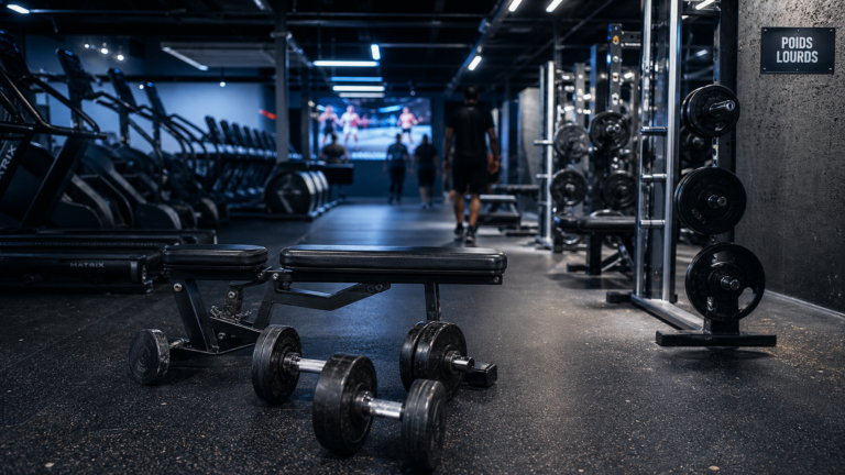 Basic-Fit ou Fitness Park : quel équipement pour vos objectifs de musculation ? Basic fit ou fitness park : banc et haltères lourdes en salle de musculation