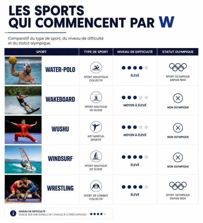 Tableau comparatif des sports en W : Water-polo, Wakeboard, Wushu, Windsurf et Wrestling