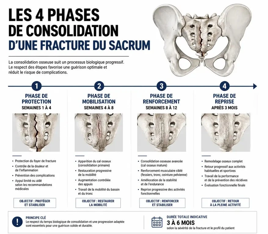 Infographie des étapes de consolidation et de rééducation après une fracture du sacrum