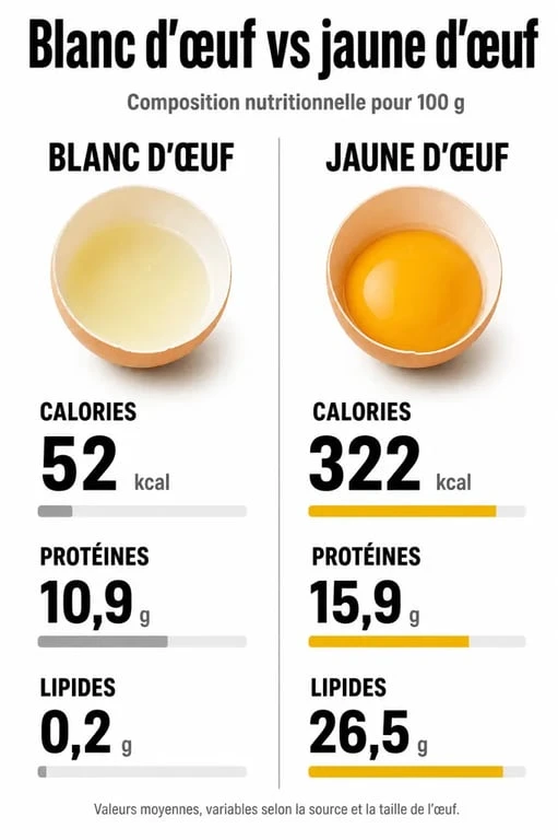 Comparaison nutritionnelle : calories blanc d'œuf vs jaune d'œuf