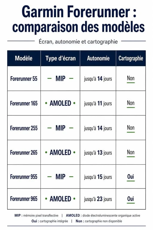Comparatif des montres Garmin Forerunner : différences techniques entre les modèles 55, 165, 255, 265, 955 et 965.