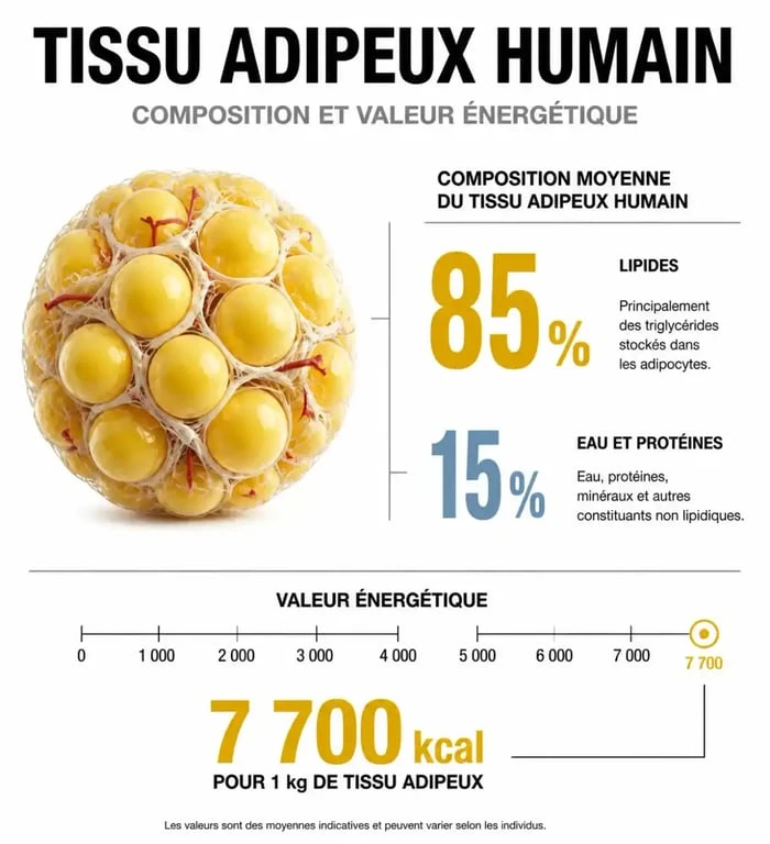 Infographie expliquant la valeur énergétique de 1 kg de gras en calories et la composition du tissu adipeux