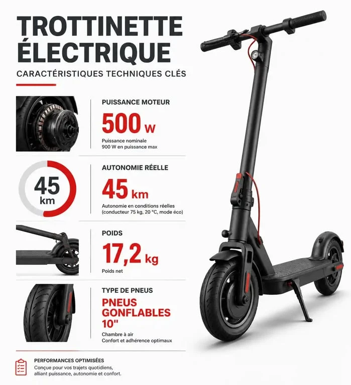 Infographie comparative des performances techniques des trottinettes électriques Isinwheel