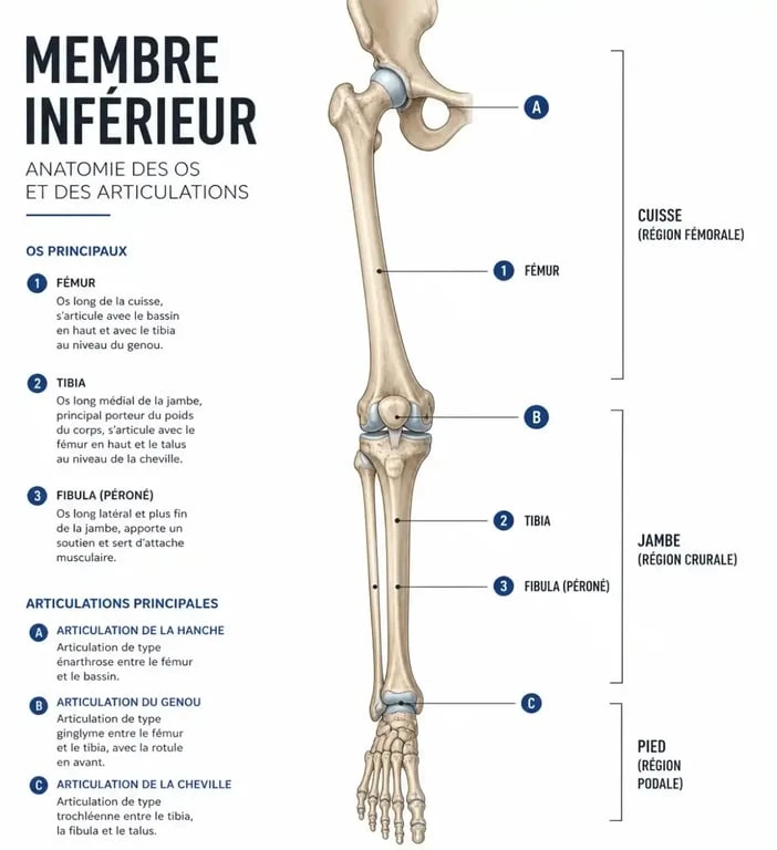 Schéma anatomique du membre inférieur du corps humain montrant les os et articulations