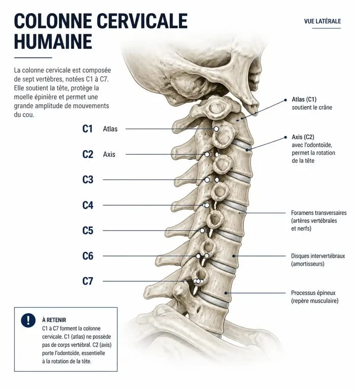 Schéma anatomique des vertèbres cervicales de C1 à C7 pour comprendre une fracture cervicale