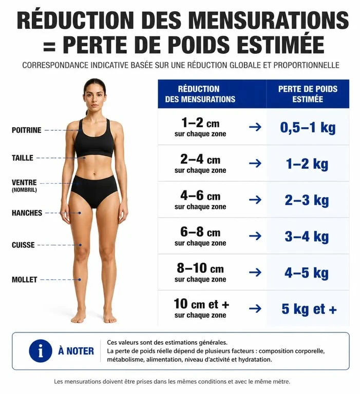Infographie montrant la correspondance entre les mensurations et la perte de poids pour se peser sans balance