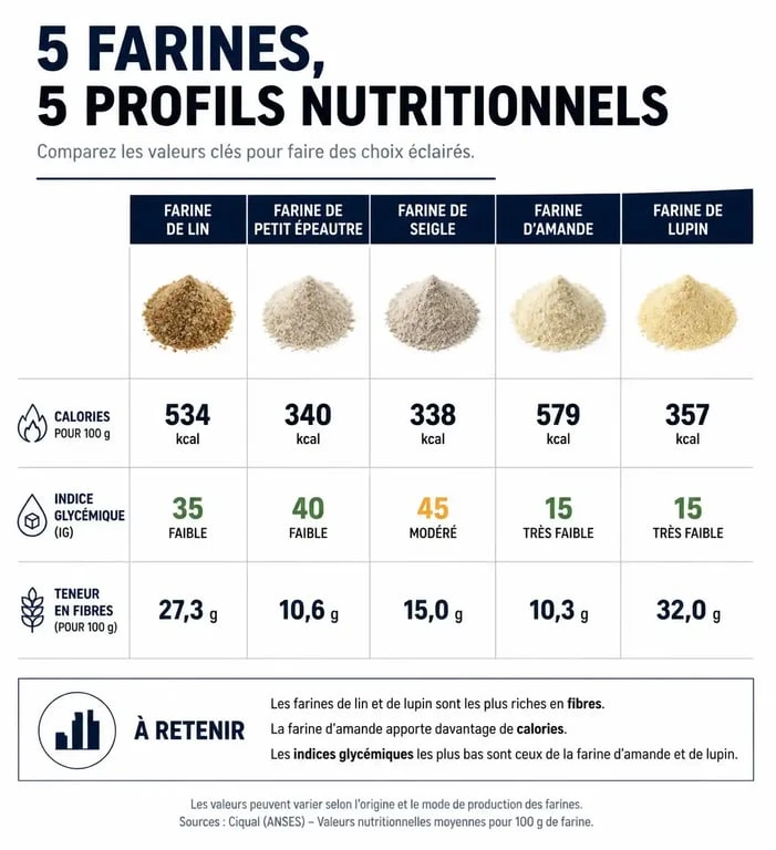 Tableau comparatif des farines les moins caloriques et leur indice glycémique pour choisir la meilleure farine selon ses besoins nutritionnels.