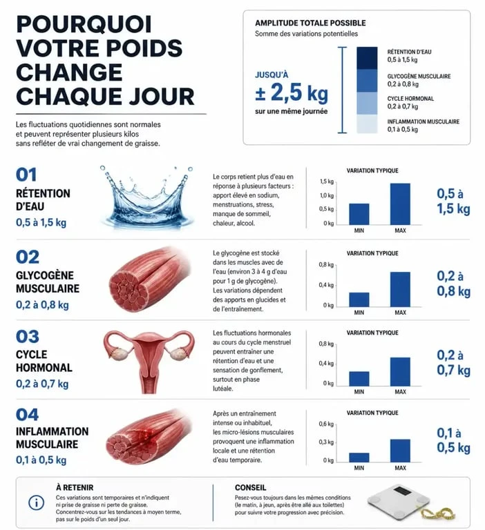 Infographie expliquant pourquoi se peser tous les jours fait fluctuer le poids et n'est pas un indicateur fiable
