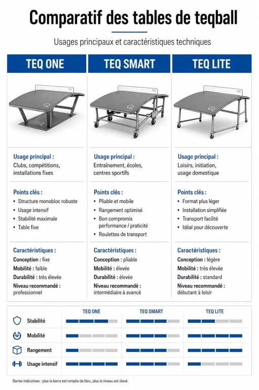 Comparatif des modèles de tables de teqball : Teq One, Teq Smart et Teq Lite