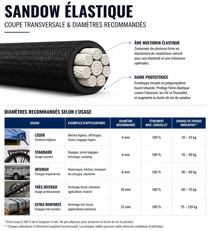 Schéma technique et guide de choix pour sandow élastique selon le diamètre