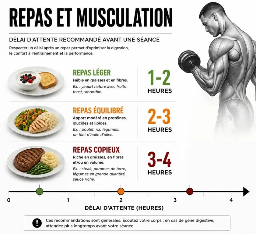 Infographie des délais recommandés pour la musculation après manger