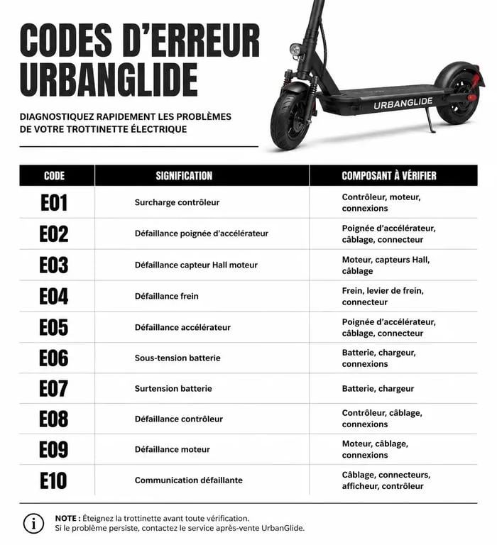 Tableau récapitulatif des codes erreur pour trottinette électrique UrbanGlide et solutions de diagnostic
