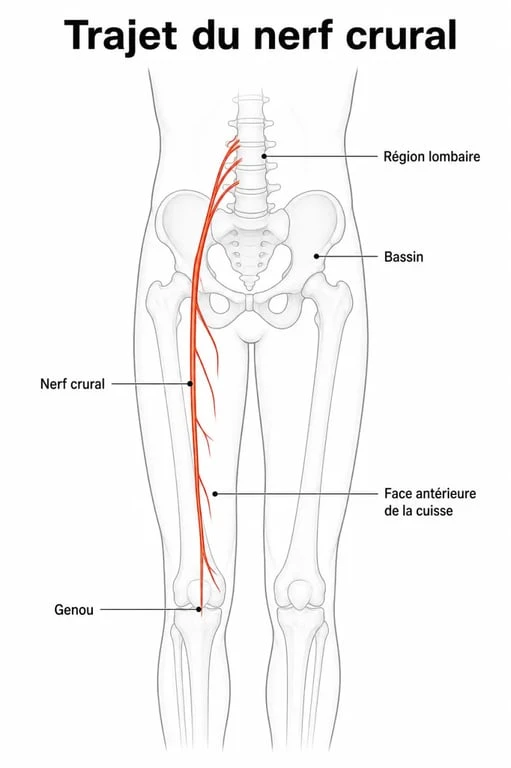 Schéma anatomique du trajet du nerf crural provoquant une douleur au genou