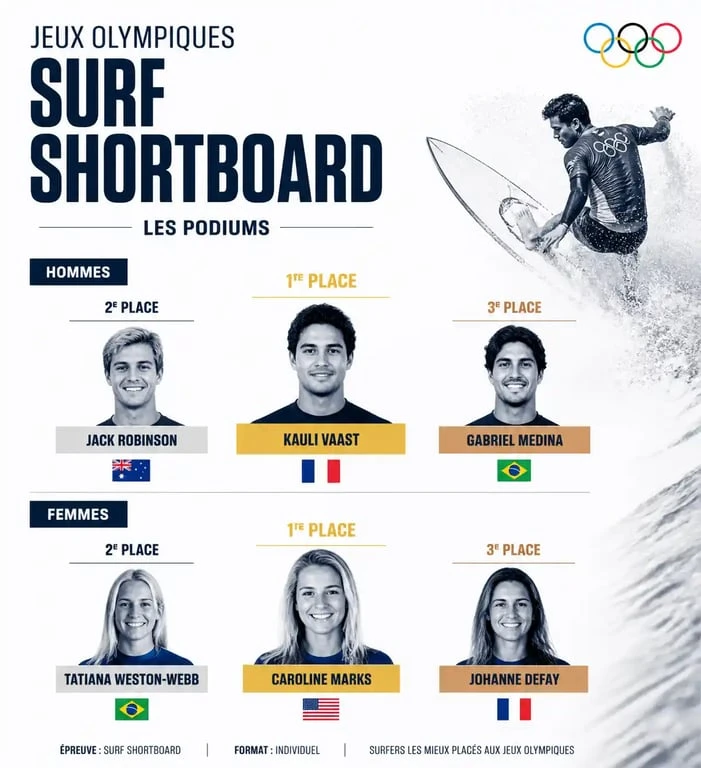 Podiums des épreuves de surf shortboard aux Jeux Olympiques de Paris 2024
