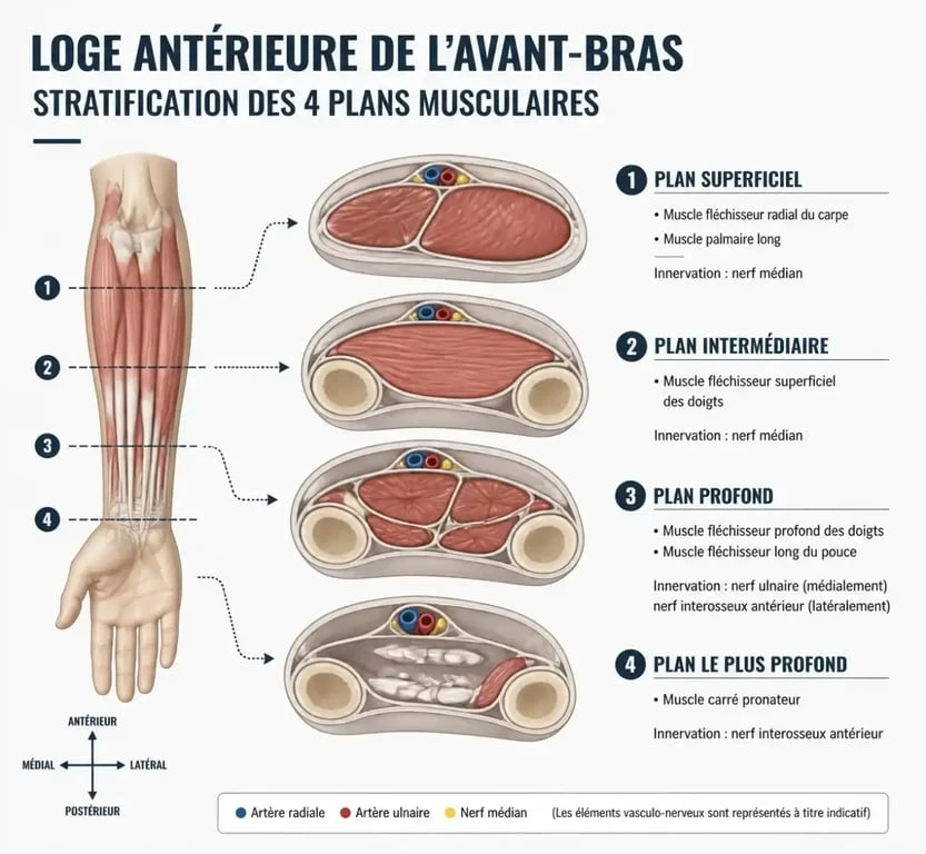 Schéma anatomique des muscles de la loge antérieure de l'avant-bras