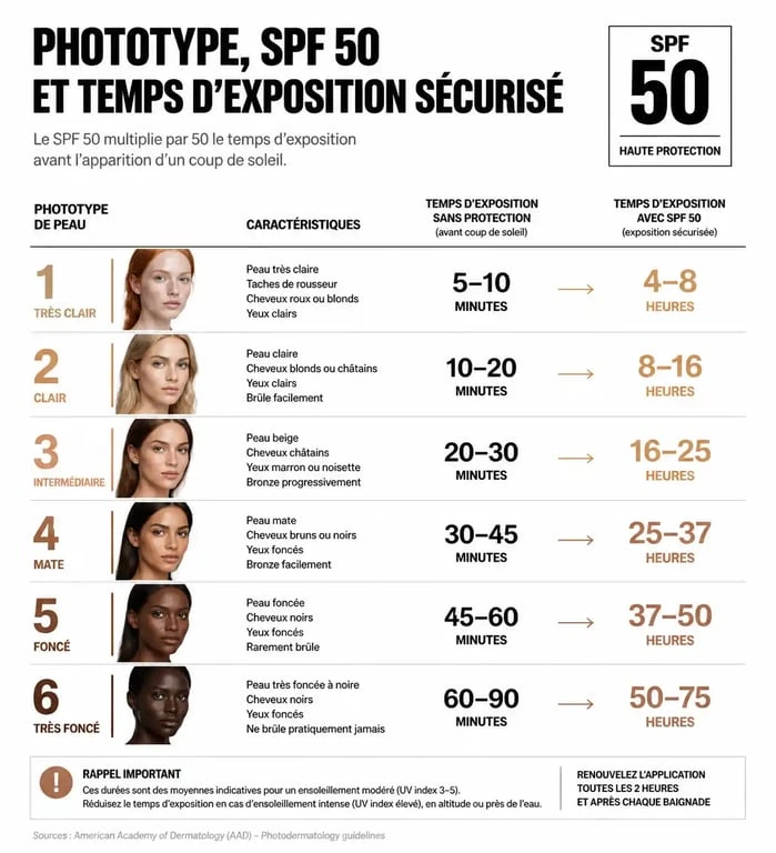 Infographie sur le temps d'exposition au soleil avec une protection SPF 50 selon le phototype de peau