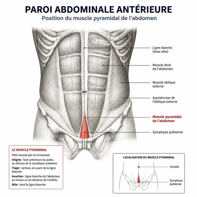 Schéma anatomique du muscle pyramidal de l'abdomen situé au-dessus de la symphyse pubienne
