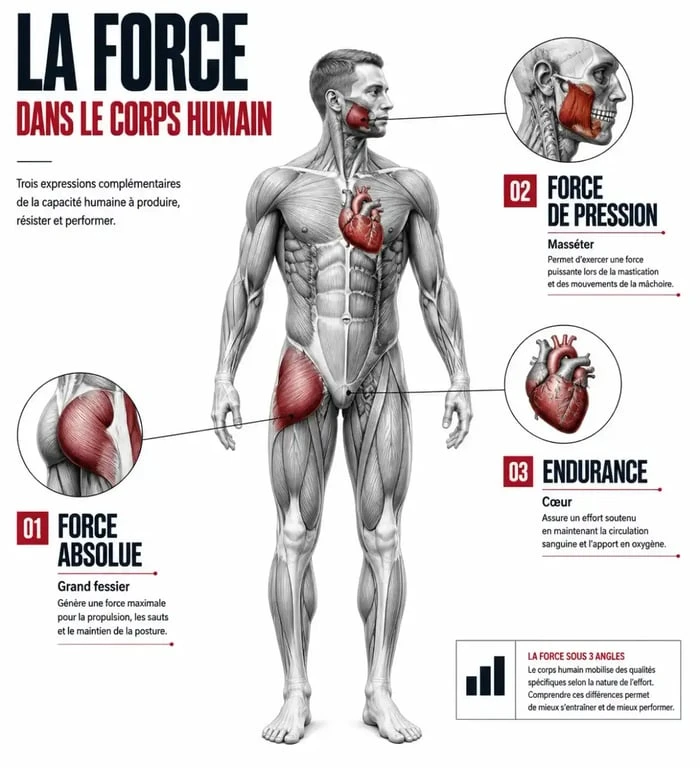 Infographie comparant les muscles les plus forts du corps humain selon leur type de force