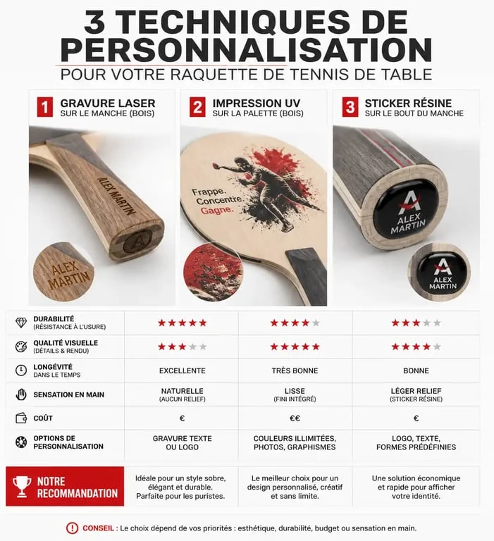 Comparatif des techniques de personnalisation pour raquette de ping pong : gravure laser, impression UV et sticker résine.