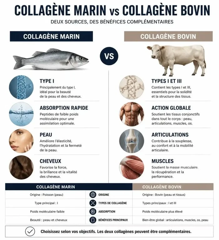 Infographie comparative : différence entre collagène marin et bovin pour la peau et les articulations