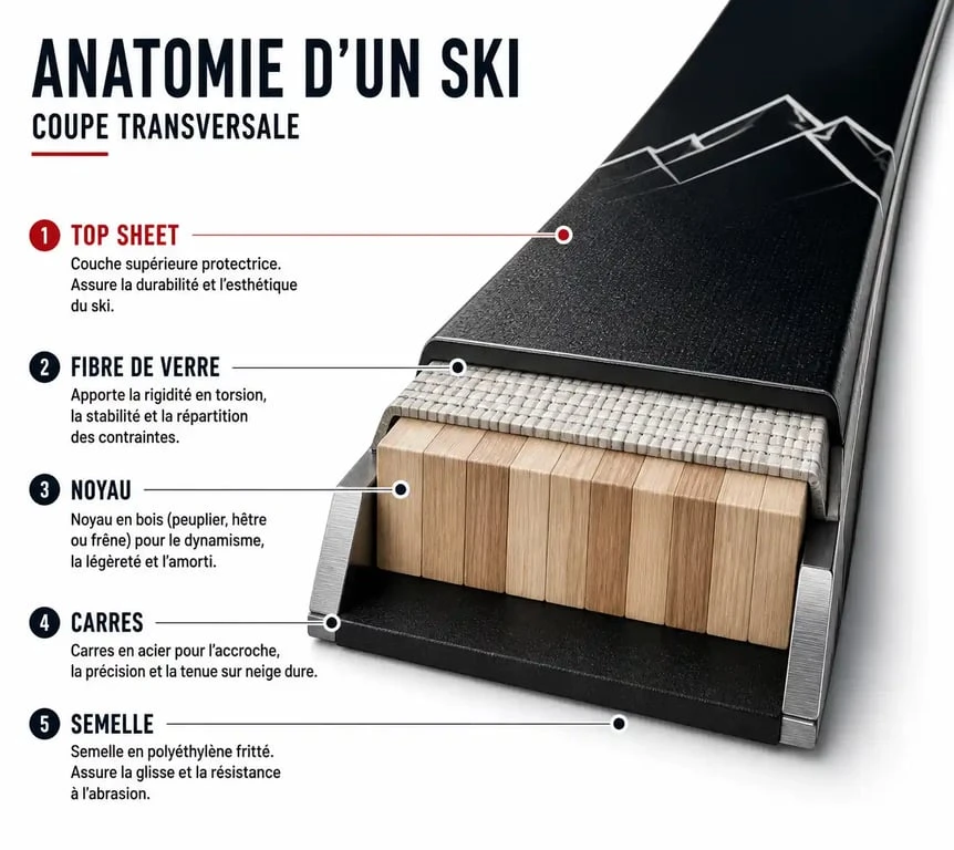 Schéma technique montrant la structure d'un ski et le rôle protecteur du top sheet