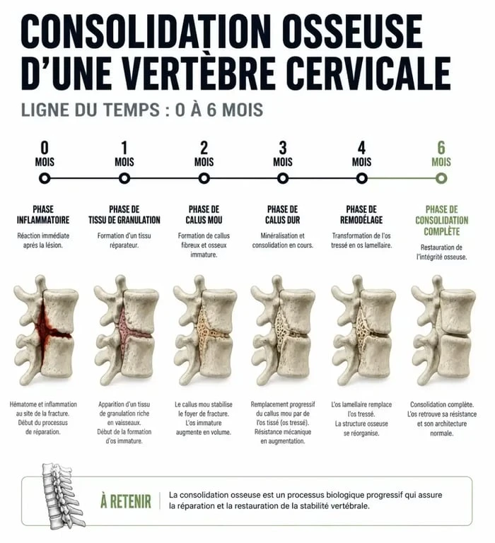 Schéma des étapes de guérison d'une fracture cervicale et temps de consolidation osseuse