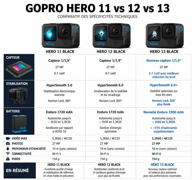 Tableau comparatif des caméras GoPro Hero 11, 12 et 13 pour aider au choix de votre caméra d'action