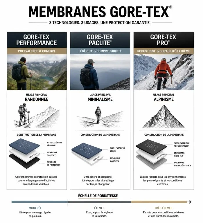 Infographie comparative des membranes Gore-Tex pour veste gore tex femme