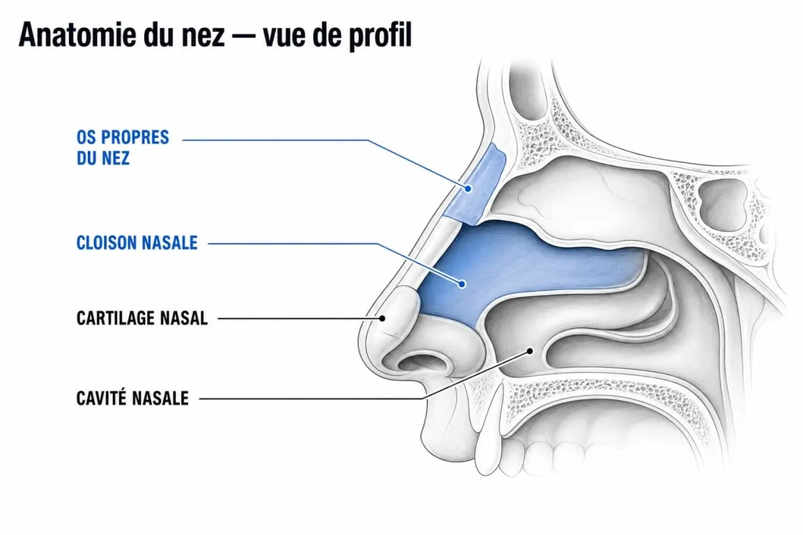 Schéma anatomique du nez humain illustrant les os propres du nez et la cloison nasale pour comprendre une fracture du nez