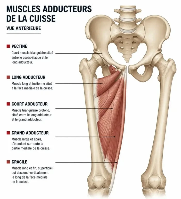 Schéma anatomique des muscles adducteurs de la cuisse pour comprendre le muscle entre les jambes