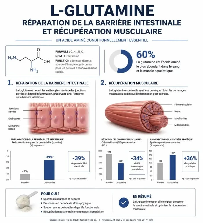 Infographie sur les bienfaits de la L-Glutamine en poudre pour la santé intestinale et musculaire