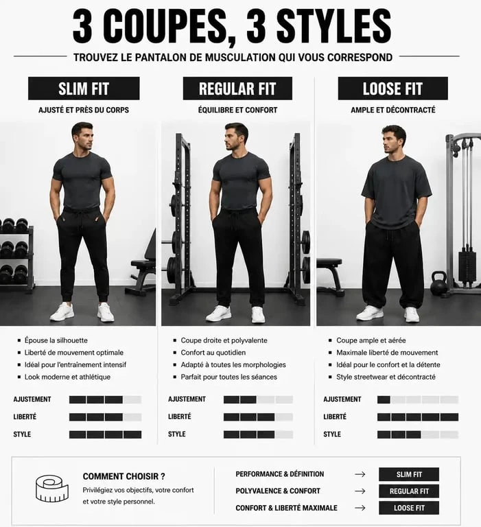 Infographie comparative des coupes de pantalon de musculation : Slim, Regular et Loose Fit pour l'entraînement.