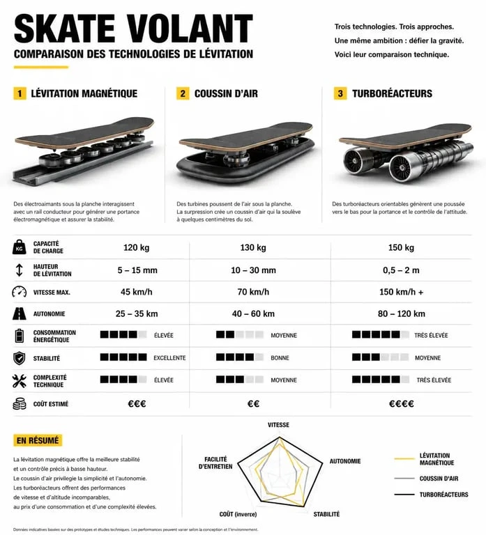 Comparatif des technologies de skate volant : lévitation magnétique, coussin d'air et turboréacteurs