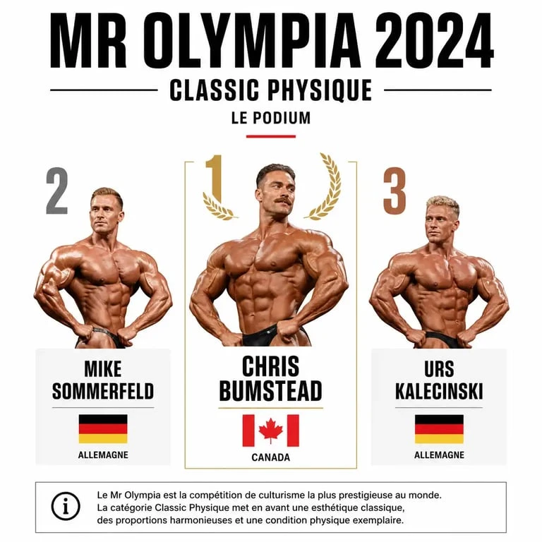 Podium du Mr Olympia 2024 Classic Physique avec Chris Bumstead, Mike Sommerfeld et Urs Kalecinski