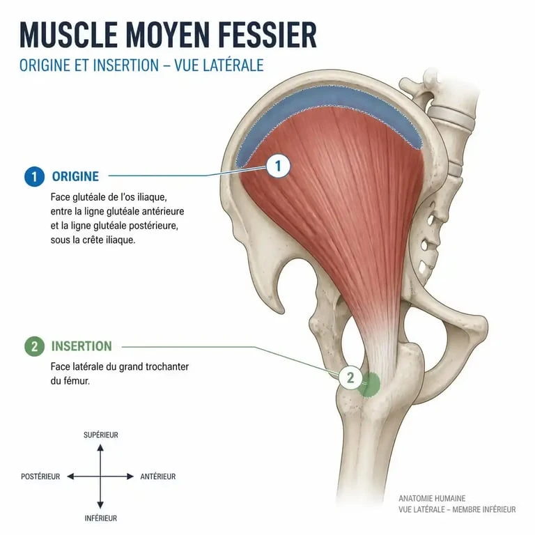 Schéma anatomique du muscle moyen fessier montrant ses insertions sur le bassin et le grand trochanter