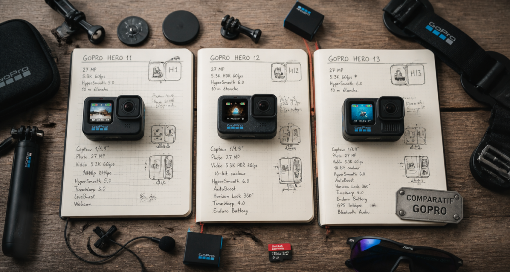 gopro comparatif hero 11 12 13 sur table avec accessoires