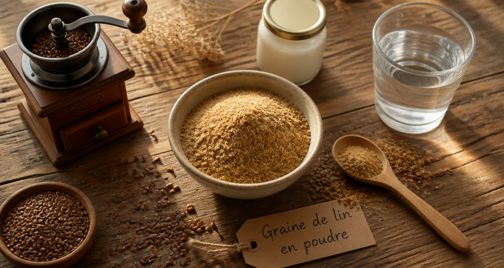 graine de lin en poudre dans un bol avec graines et moulin