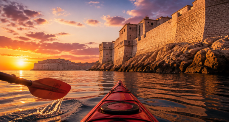 kayak a dubrovnik longeant les remparts au coucher de soleil