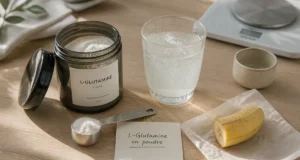 l glutamine en poudre en verre et cuillère, pour intestins et muscles