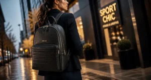 Sac à dos femme sport chic en cuir noir, zips discrets
