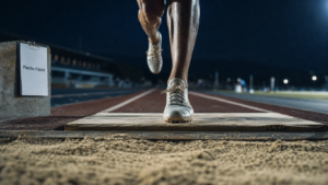 Saut en longueur : planche d’appel, athlète en préparation sur la piste d’élan