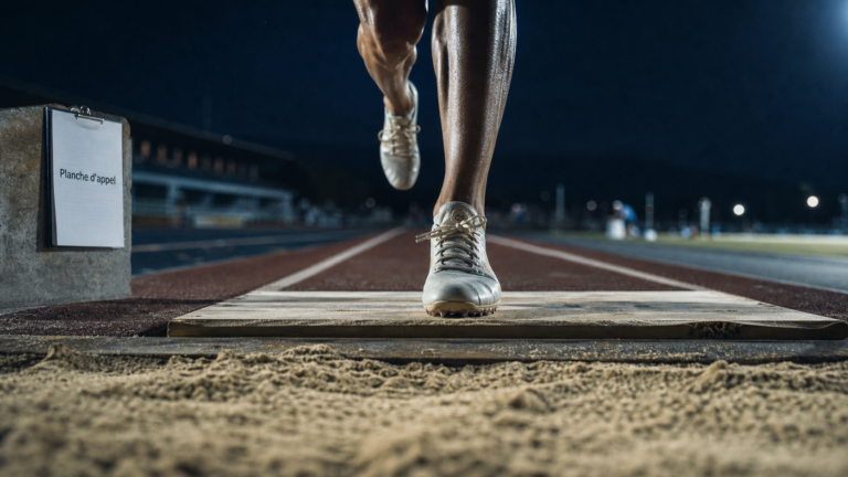 Saut en longueur : planche d’appel, athlète en préparation sur la piste d’élan