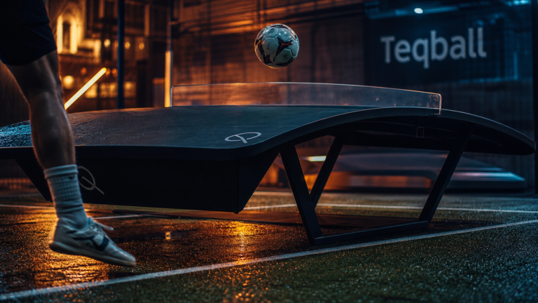 Teqball sur table incurvée : ballon en rebond sur l’arête