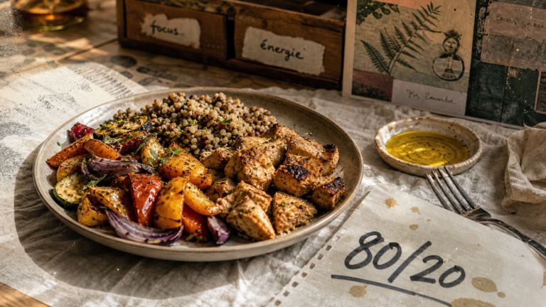 L’assiette 80/20 pour manger équilibré sans se priver et calmer les fringales Assiette 80/20 : manger équilibré sans se priver, légumes, protéines et céréales