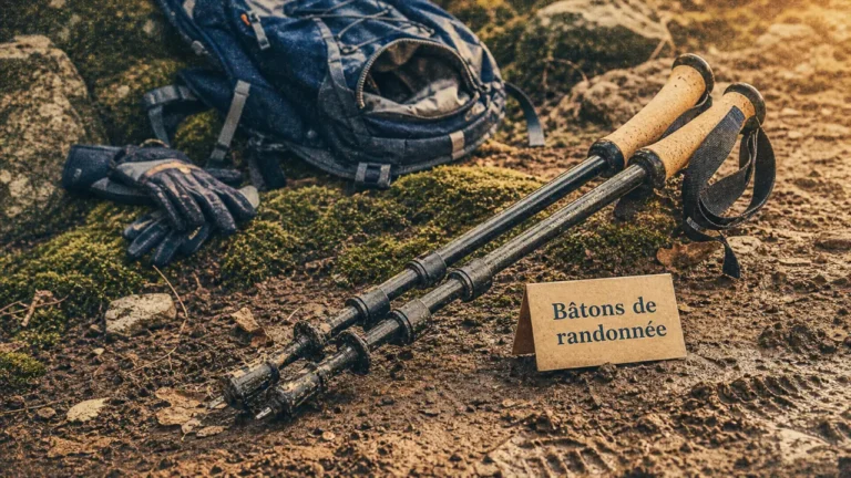 Bâton de randonnée : aluminium, carbone ou pliable, le bon choix selon votre terrain Baton de randonnee télescopique, poignée liège et embouts antidérapants sur sentier humide