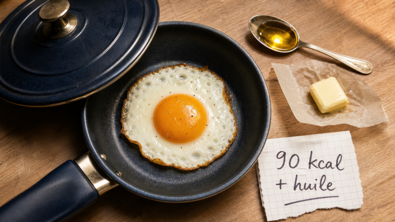 Œuf au plat : 90 kcal nature, +40 kcal avec l’huile, +35 kcal avec le beurre Calorie oeuf au plat : 90 kcal nature, avec huile et beurre