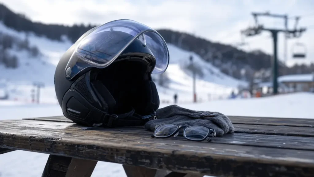 Casque ski à visière avec lunettes sur un banc enneigé