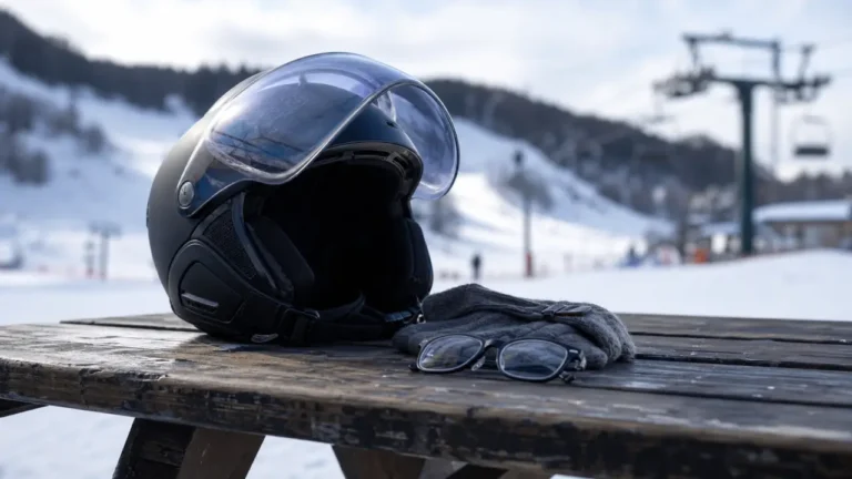 Casque de ski à visière : le choix le plus simple pour skier avec des lunettes Casque ski à visière avec lunettes sur un banc enneigé